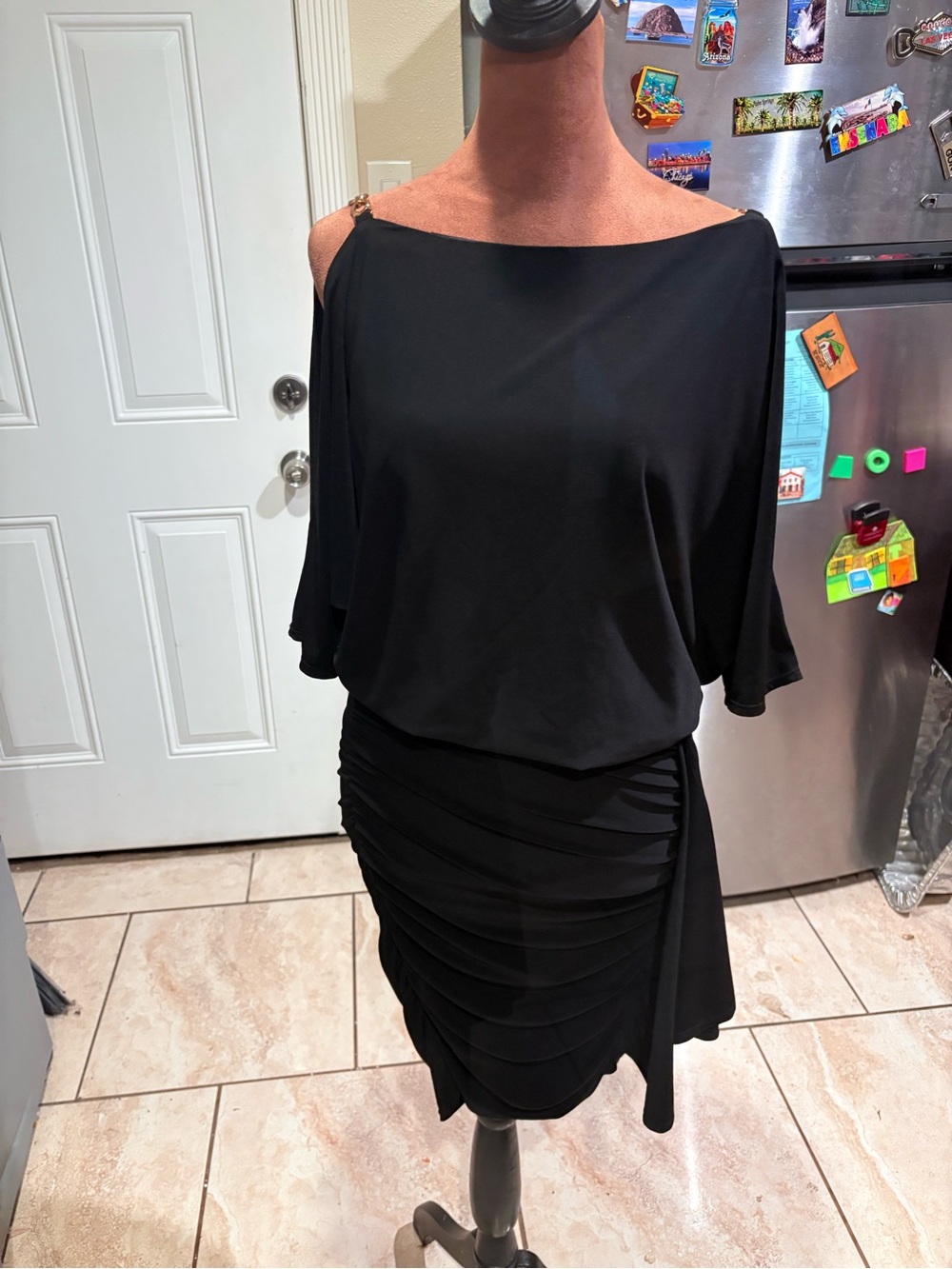 Cache Black One-Shoulder Draped Ruched Cocktail Dress